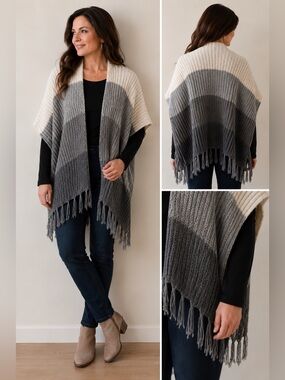 American Eagle gray stripe fringe sweater poncho shrug cape one size O/S